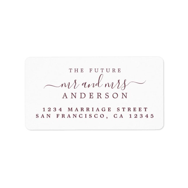 Burgundy Script Future Mr Mrs Return Address Label (Front)