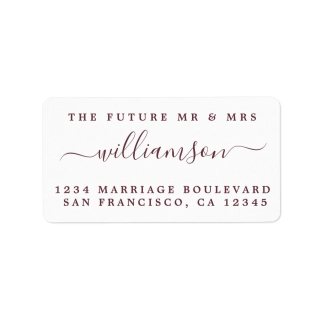 Burgundy Script Future Mr Mrs Return Address Label (Front)