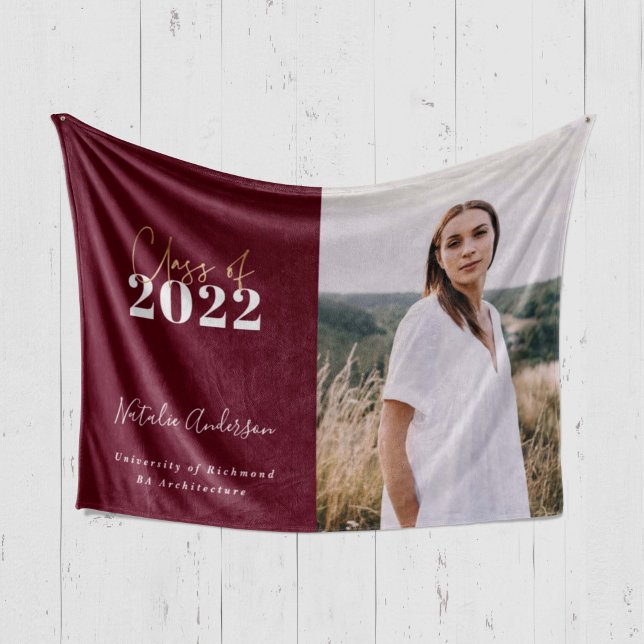 burgundy script grad multi photo class of 2022 fleece blanket (Creator Uploaded)