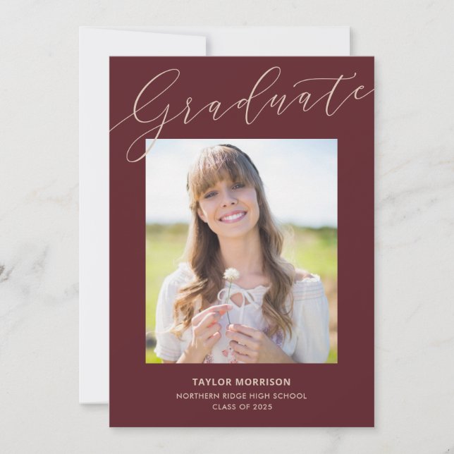 Burgundy Script Graduate 1-Photo Graduation Party Invitation (Front)