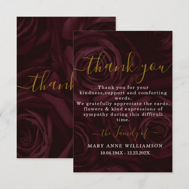 Burgundy Script Minimal Funeral Thank You Card (Front/Back)