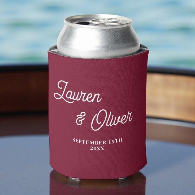 Burgundy Script Minimalist Wedding Can Cooler (Creator Uploaded)
