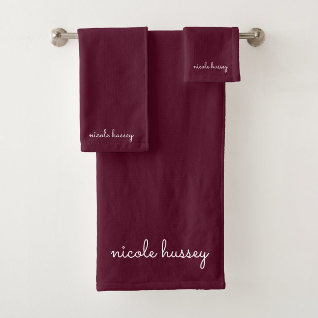 Burgundy Script  | Stylish Monogram Modern Bath Towel Set (Insitu)
