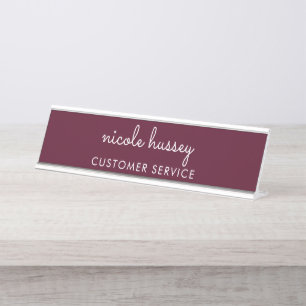 Burgundy Script Stylish Monogram Modern Desk Name Plate