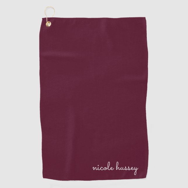 Burgundy Script  | Stylish Monogram Modern Golf Towel (Front)