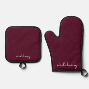 Burgundy Script Stylish Monogram Modern Oven Mitt & Pot Holder Set