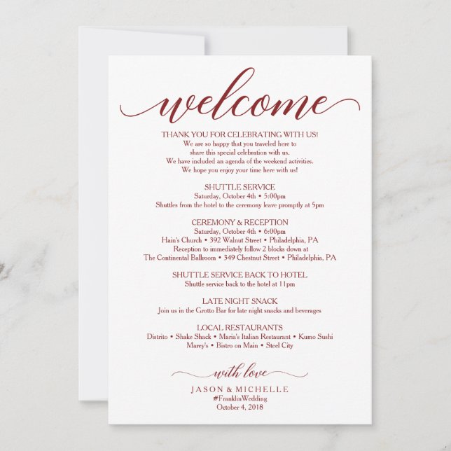 Burgundy Script Wedding Itinerary -Wedding Welcome (Front)