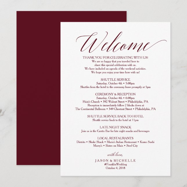 Burgundy Script Wedding Itinerary Welcome Letter Invitation (Front/Back)