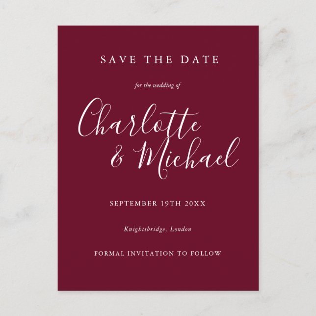 Burgundy Script Wedding Save the Date Card (Front)