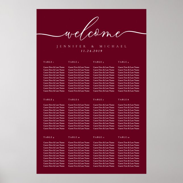 Burgundy Script Welcome Wedding Table Seating Poster (Front)