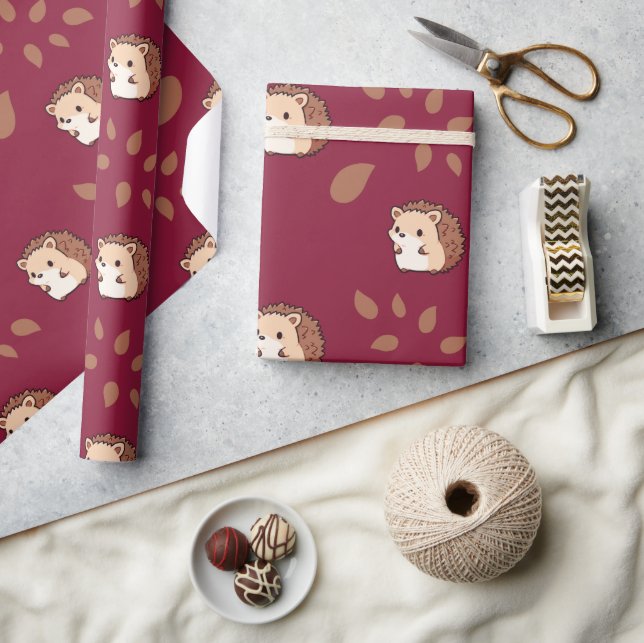 Burgundy Seamless Wrapping Paper with Hedgehogs (Crafts)
