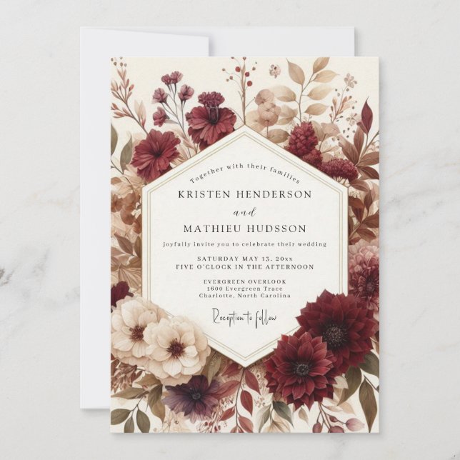 Burgundy Sepia Bloom Wedding Invitation (Front)
