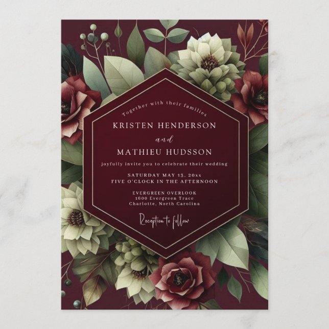 Burgundy Shadow Bloom Wedding Invitation (Front)