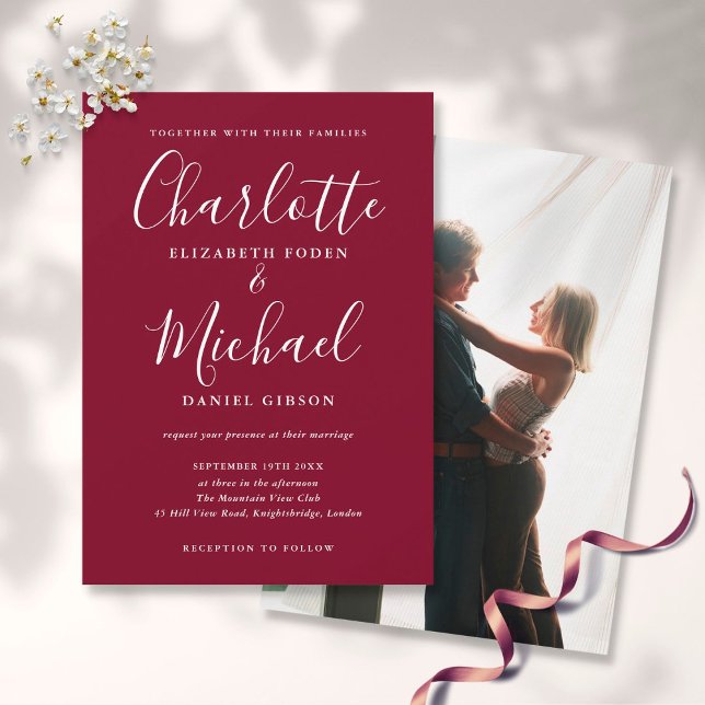 Burgundy Signature Script Wedding Modern Photo Invitation (Creator Uploaded)