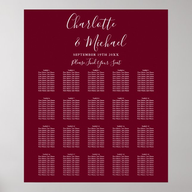Burgundy Signature Script Wedding Seating Chart (Front)