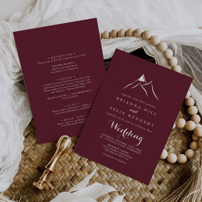 Burgundy Silhouette Mountain Front & Back Wedding Invitation (Creator Uploaded)