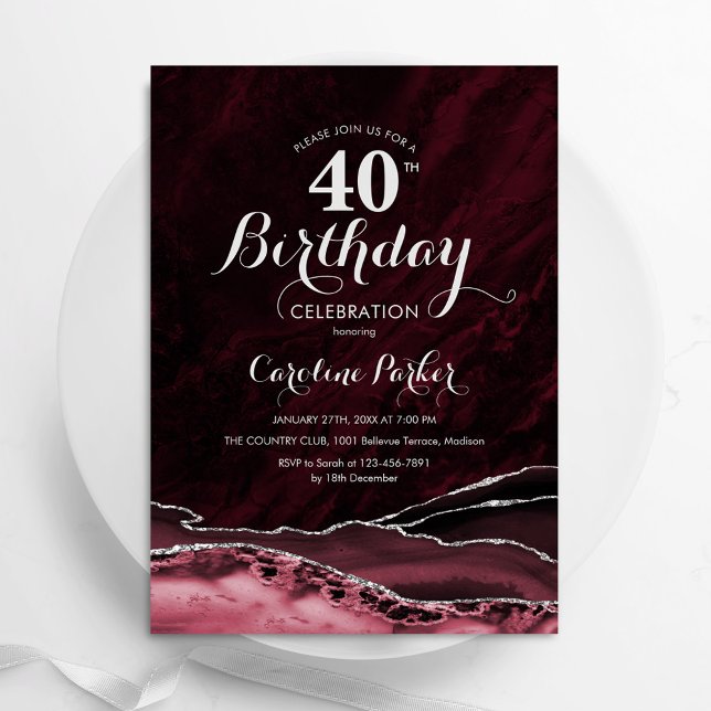 Burgundy Silver Agate 40th Birthday Invitation (Creator Uploaded)