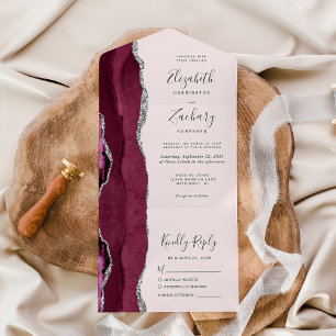 Burgundy Silver Agate Blush Pink Wedding All In One Invitation