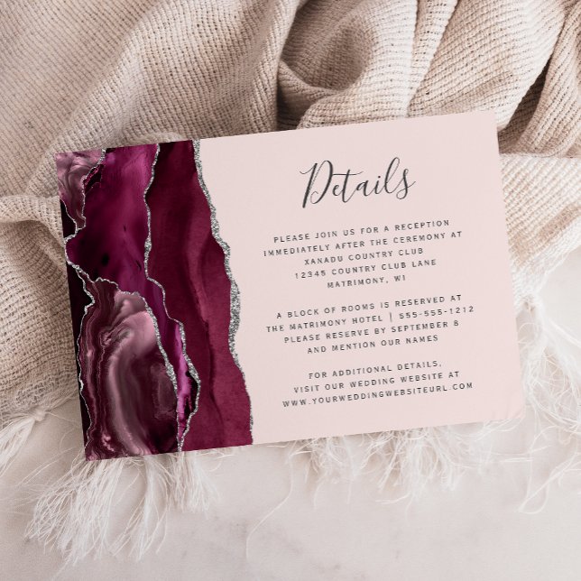 Burgundy Silver Agate Blush Pink Wedding Details Enclosure Card (Creator Uploaded)