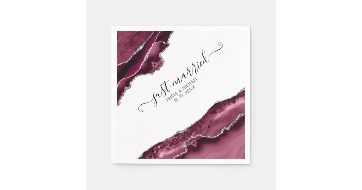 Burgundy & Silver Agate Borders Just Married Napkin | Zazzle.co.uk