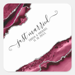 Burgundy & Silver Agate Borders Just Married Square Sticker