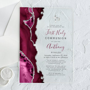 Burgundy Silver Agate First Holy Communion Acrylic Invitations