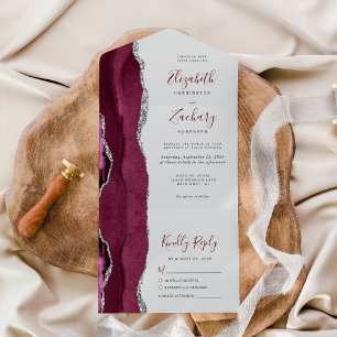 Burgundy Silver Agate Grey Wedding All In One Invitation
