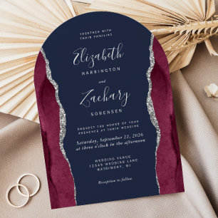 Burgundy Silver Agate Navy Blue Arch Shape Wedding Invitation
