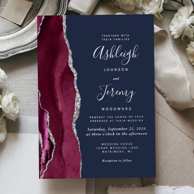 Burgundy Silver Agate Navy Blue Modern Wedding (Creator Uploaded)