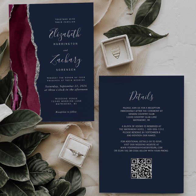 Burgundy Silver Agate Navy Blue QR Code Wedding Invitation (Creator Uploaded)