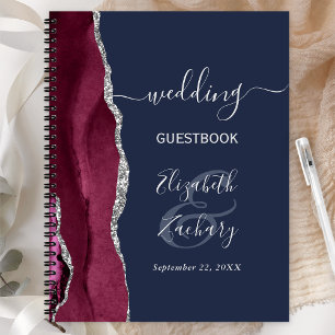 Burgundy Silver Agate Navy Blue Wedding Guest Notebook