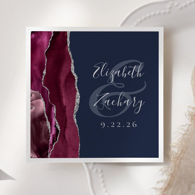 Burgundy Silver Agate Navy Blue Wedding Napkin (Creator Uploaded)