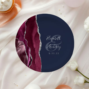 Burgundy Silver Agate Navy Blue Wedding Paper Plate