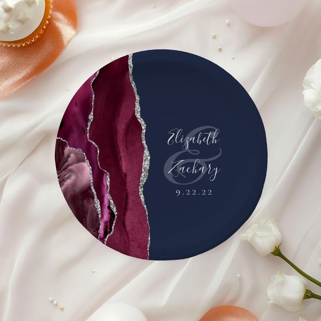 Burgundy Silver Agate Navy Blue Wedding Paper Plate (Creator Uploaded)