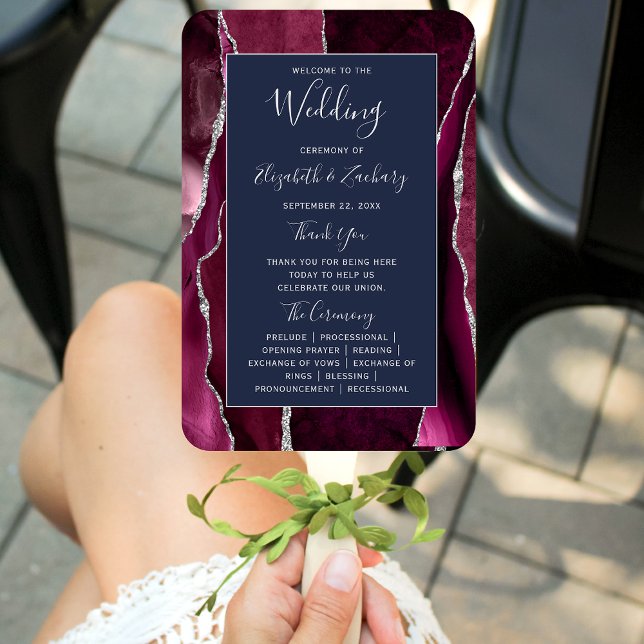 Burgundy Silver Agate Navy Blue Wedding Program Hand Fan (Creator Uploaded)