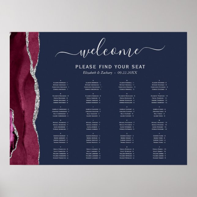Burgundy Silver Agate Navy Blue Wedding Seating Poster (Front)