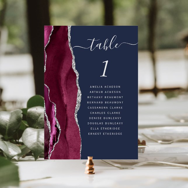 Burgundy Silver Agate Navy Blue Wedding Table Number (Creator Uploaded)