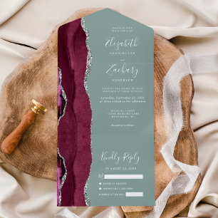 Burgundy Silver Agate Sage Green Wedding All In One Invitation
