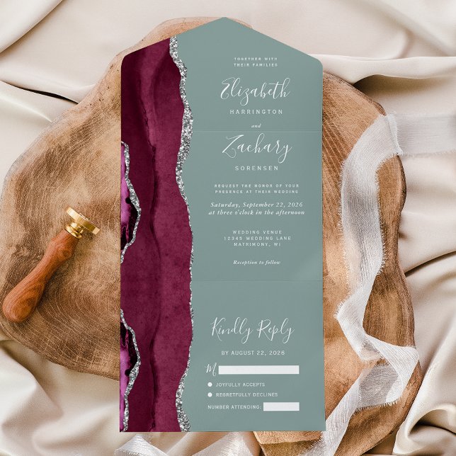 Burgundy Silver Agate Sage Green Wedding All In One Invitation (Creator Uploaded)