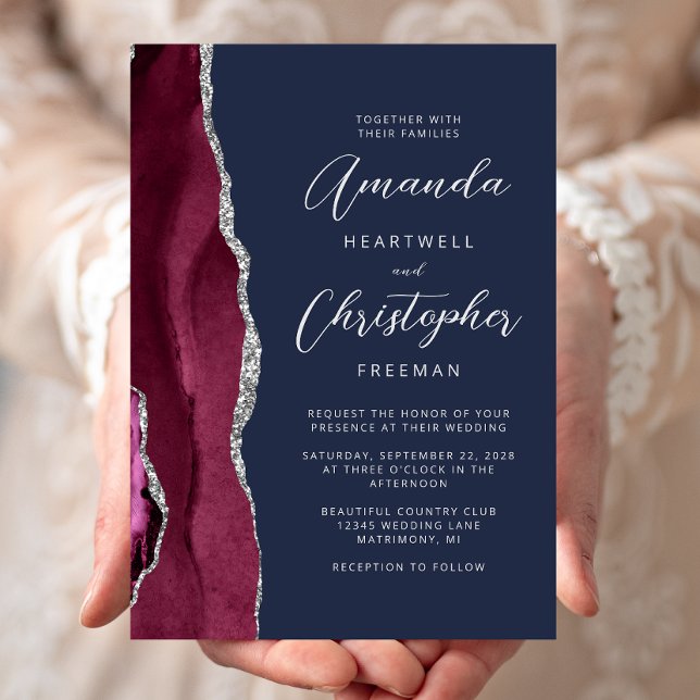 Burgundy Silver Agate Script Navy Blue Wedding Invitation (Creator Uploaded)