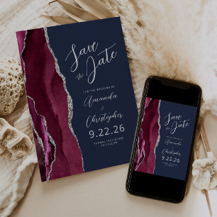 Burgundy Silver Agate Script Navy Save the Date Announcement