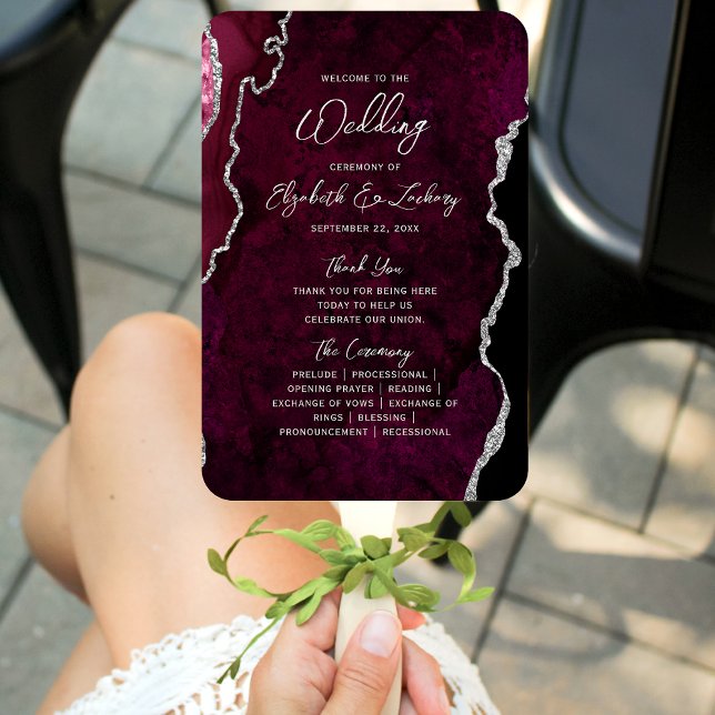 Burgundy Silver Agate Script Wedding Program Hand Fan (Creator Uploaded)