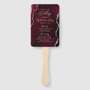 Burgundy Silver Agate Script Wedding Program Hand Fan