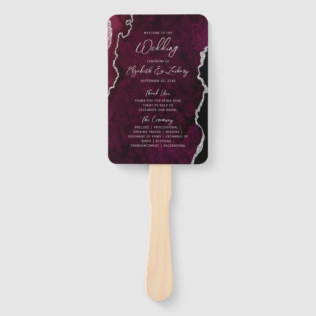 Burgundy Silver Agate Script Wedding Program Hand Fan (Front)