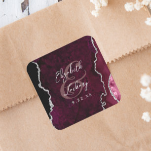 Burgundy Silver Agate Script Wedding Square Sticker