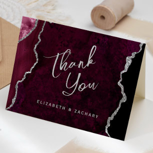 Burgundy Silver Agate Script Wedding Thank You Card
