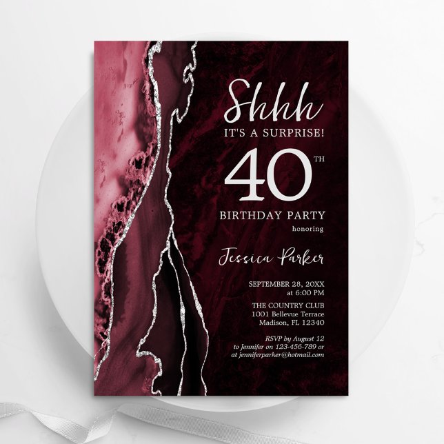 Burgundy Silver Agate Surprise 40th Birthday Invitation (Creator Uploaded)