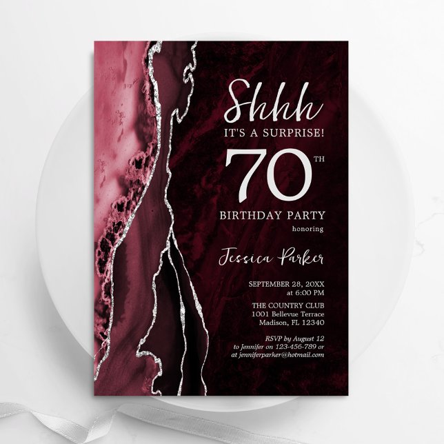 Burgundy Silver Agate Surprise 70th Birthday Invitation (Creator Uploaded)