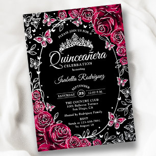 Burgundy Silver Black Roses Quinceanera
