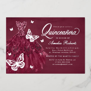 Burgundy Silver Butterfly Dress Quinceanera